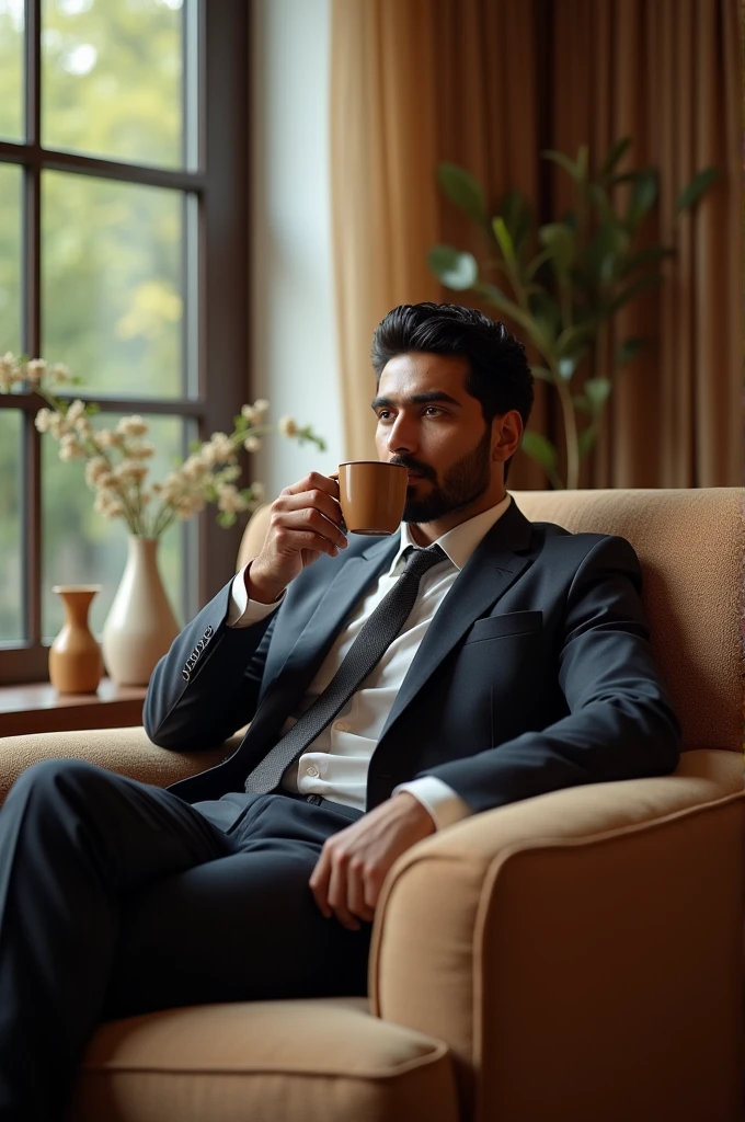 Wahaj ali Pakistani men sitting on the sofa and drinking coffee