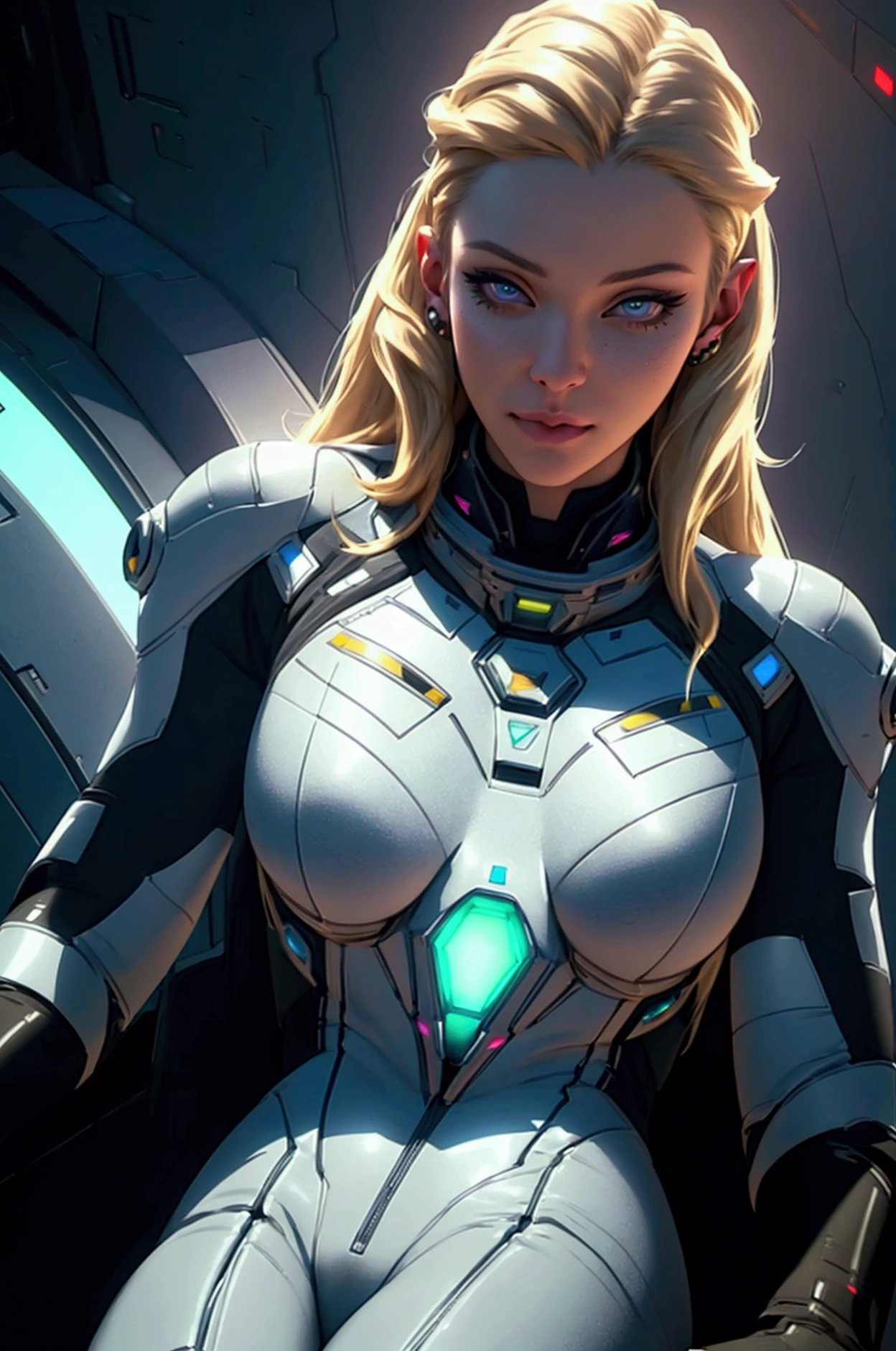 a beautiful blonde female astronaut, wearing a sleek purple and black spacesuit with intricate details, posing in a pinup style on the deck of a futuristic spaceship, (best quality,4k,8k,highres,masterpiece:1.2),ultra-detailed,(realistic,photorealistic,photo-realistic:1.37),extremely detailed face and eyes,beautiful detailed eyes,beautiful detailed lips,longeyelashes,intricate spacesuit details,futuristic spaceship interior,glowing lights,dramatic lighting,cinematic composition,vibrant colors,digital art,concept art