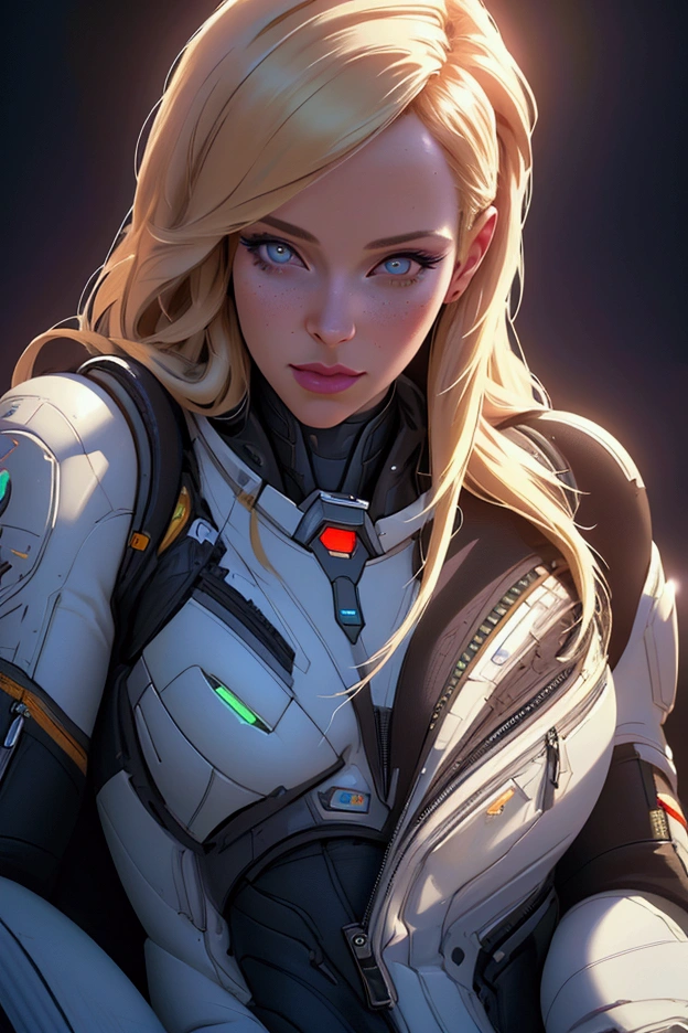 a beautiful blonde female astronaut, wearing a sleek purple and black spacesuit with intricate details, posing in a pinup style on the deck of a futuristic spaceship, (best quality,4k,8k,highres,masterpiece:1.2),ultra-detailed,(realistic,photorealistic,photo-realistic:1.37),extremely detailed face and eyes,beautiful detailed eyes,beautiful detailed lips,longeyelashes,intricate spacesuit details,futuristic spaceship interior,glowing lights,dramatic lighting,cinematic composition,vibrant colors,digital art,concept art