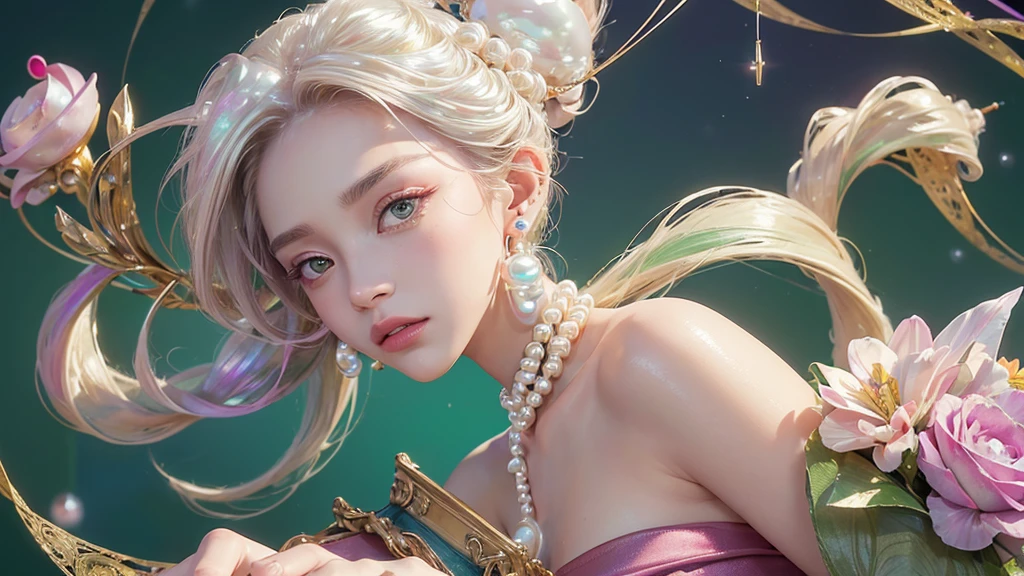 32K, 最高quality, 最高masterpiece, (ultra-Detailed Background, Detailed Background), High resolution, Super detailed, Very detailedな, 1 personの, (bouquet:1.3), (Tangled:1.2), (Geometric:1.2),(colorful),(masterpiece, quality, best quality, Official Art, Beautiful and beautiful:1.2), (1 person:1.3), Very detailed,(colorful:1.1)(Flowers:1.3),Most detailed,(Tangled:1.2), whole body, (Abstract background:1.3), (Skin glows), (Many colors:1.4), ,(Earrings Pearl:1.5), Light green background, It's imaginative., Brunette Hair, Updo, Holding a book, Holding a pen, Satin shirt