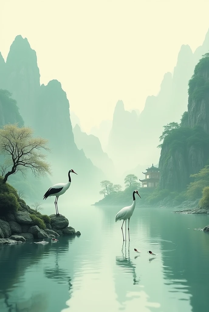 3D view, Chinese style((landscape painting)), surrounded by mountains, a crane catching fish on the water surface