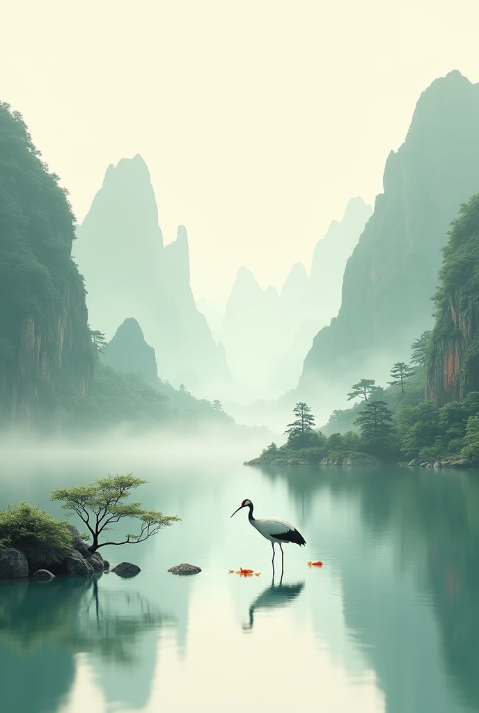 3D view, Chinese style((landscape painting)), surrounded by mountains, a crane catching fish on the water surface