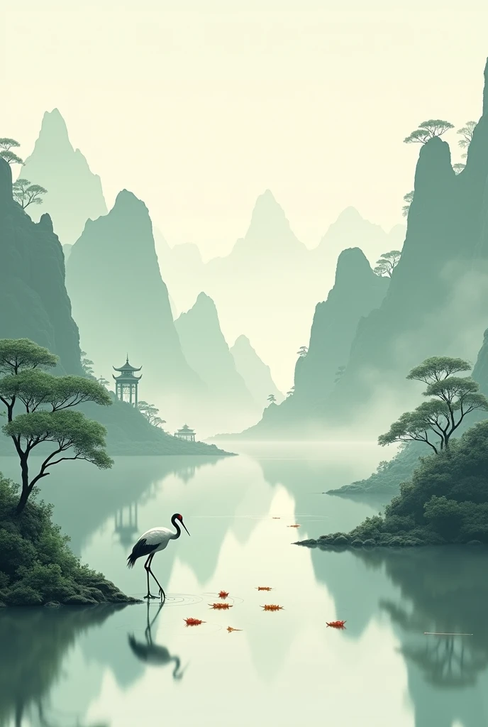 3D view, Chinese style((landscape painting)), surrounded by mountains, a crane catching fish on the water surface