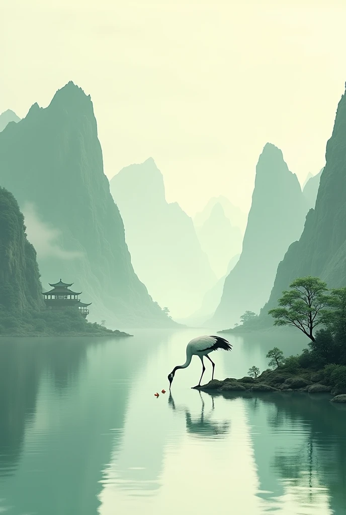 3D view, Chinese style((landscape painting)), surrounded by mountains, a crane catching fish on the water surface