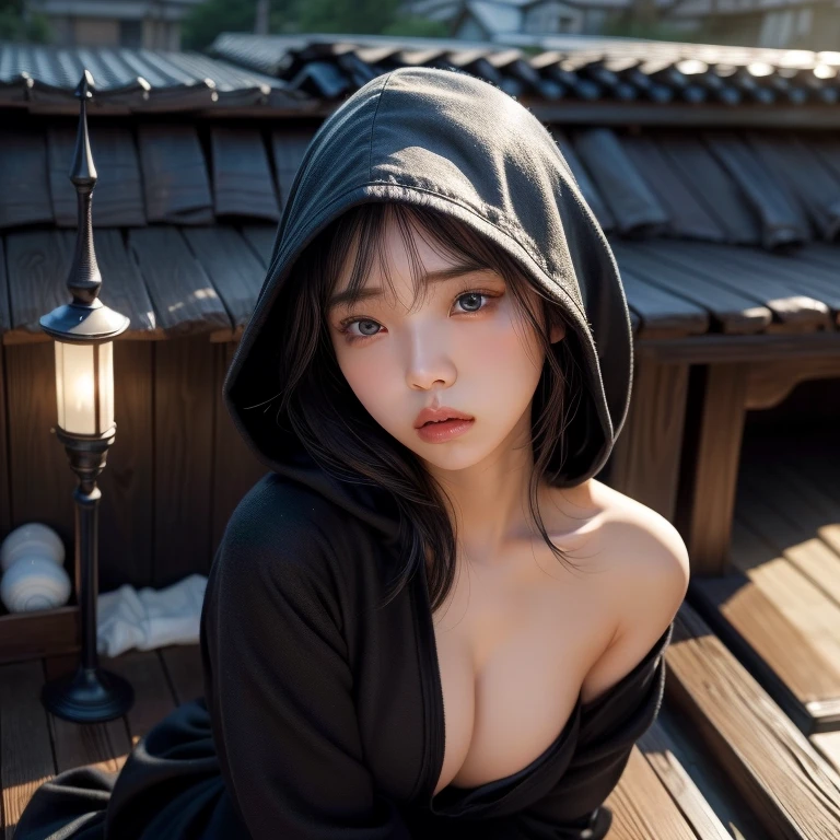 Highest quality、8k、masterpiece、Ultra-high resolution、Raw photo、(Photorealistic:1.4),魅力的な日本人woman、 Incredibly detailed face and skin texture、Glossy skin、(Beautiful Face:1.3)、Detailed beautiful eyes、Thick eyebrows、Deep-set eyelids、eye shadow、(Realistic eyes:1.3)、Rounded Nose、Rounded jaw、Perfect body、whole body像、1、強くて繊細なwoman、Assassin、Creed、Garment Details、assassin、Ninja、woman、whole body、Detailed eyes、Hooded Robe、Darker、short sword、Japanese sword、Japan Night、City、On the roof、Very detailed facial features and manga-style visuals