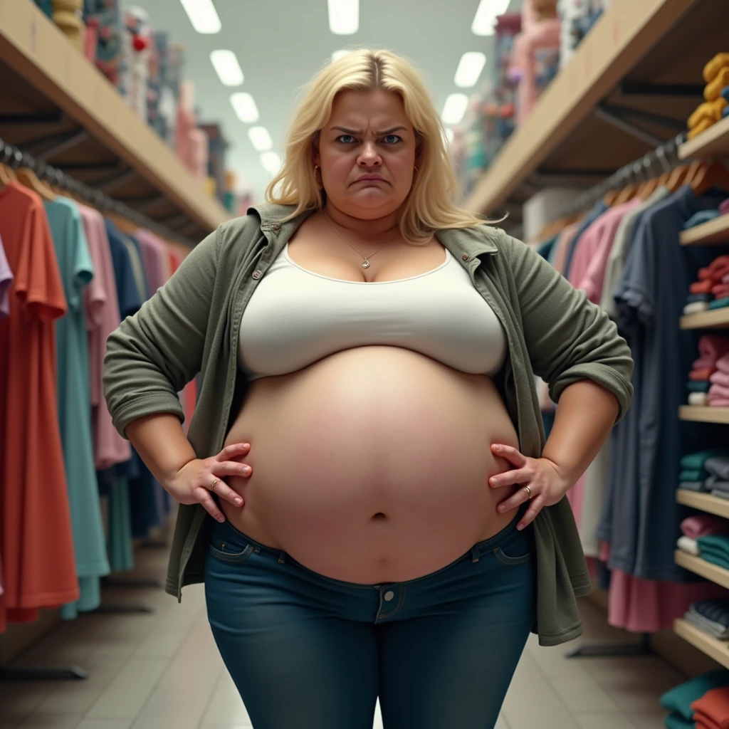 anger, Pregnant women, Big Belly, Overweight, Blonde, Clothing Stores