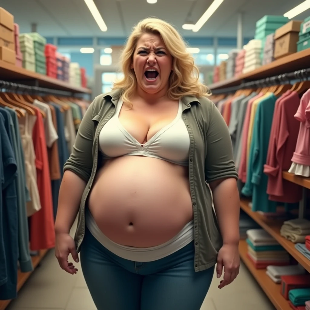 anger, Pregnant women, Big Belly, Overweight, Blonde, Clothing Stores