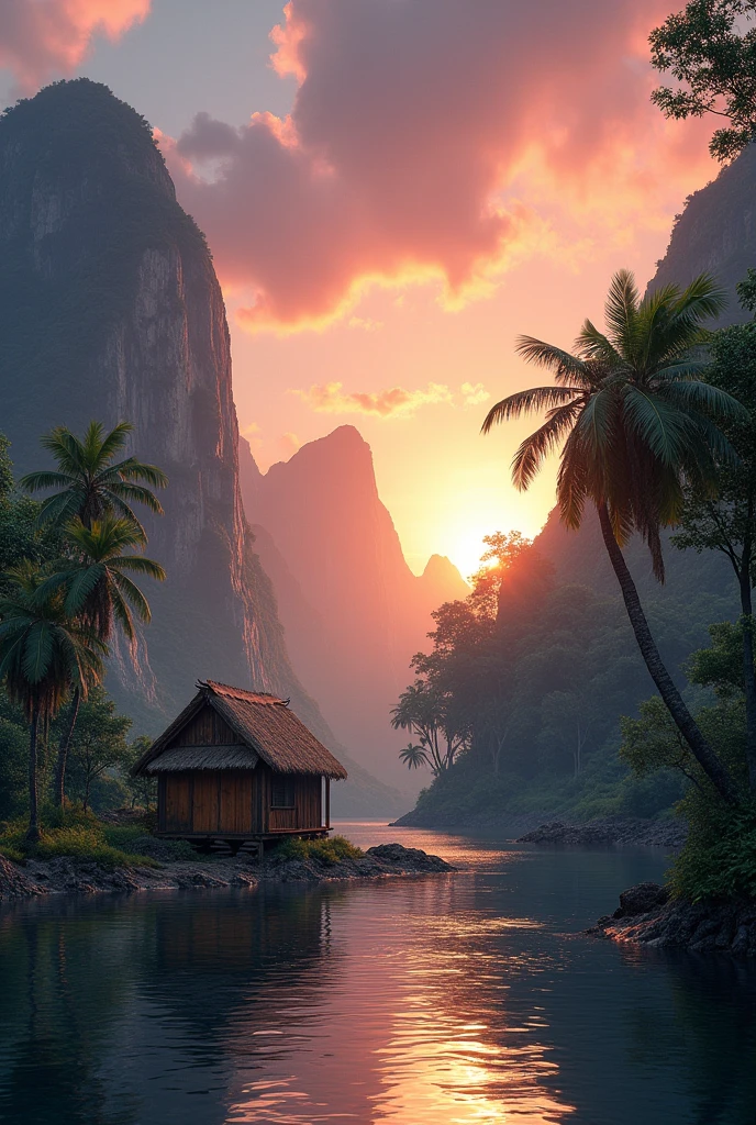 Two mountain at sunset and river flowing through them and a hut with coconut tree