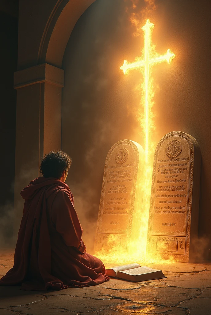 a man kneeling before the bible open on the floor, receiving a light from heaven, in the background on the left a cross, in the background on the right the two stone tablets of the ten commandments, with the fourth commandment shining like flames.