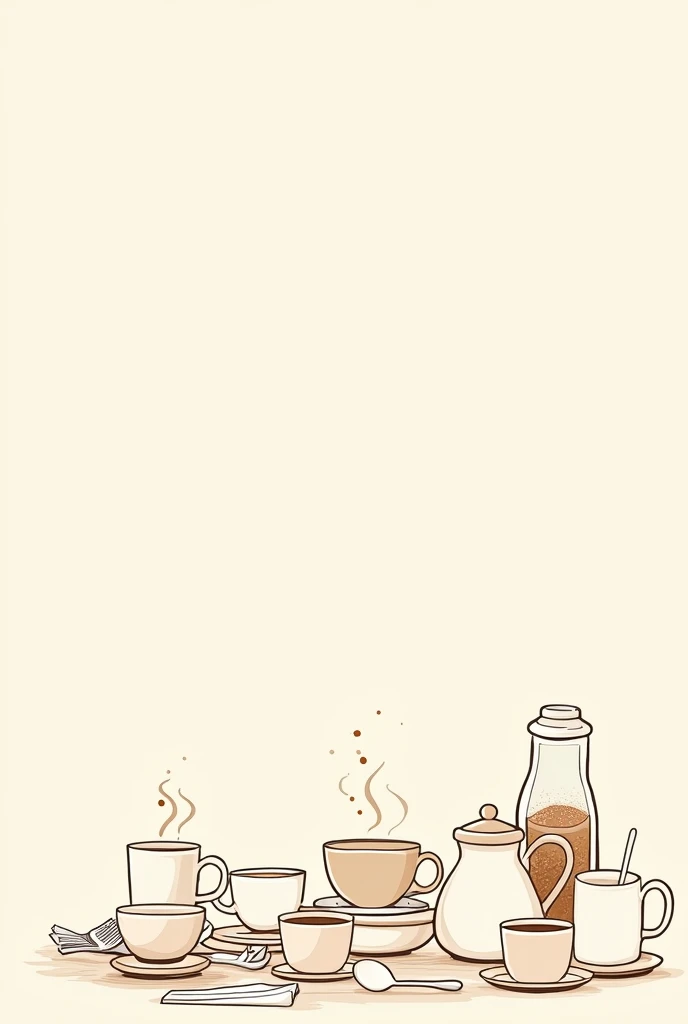 Morden image of cafe items in line drawing beige colour the line drawing in coffe colour and space of logo only in centre the size of image is 4x6 for background to write cafe name
