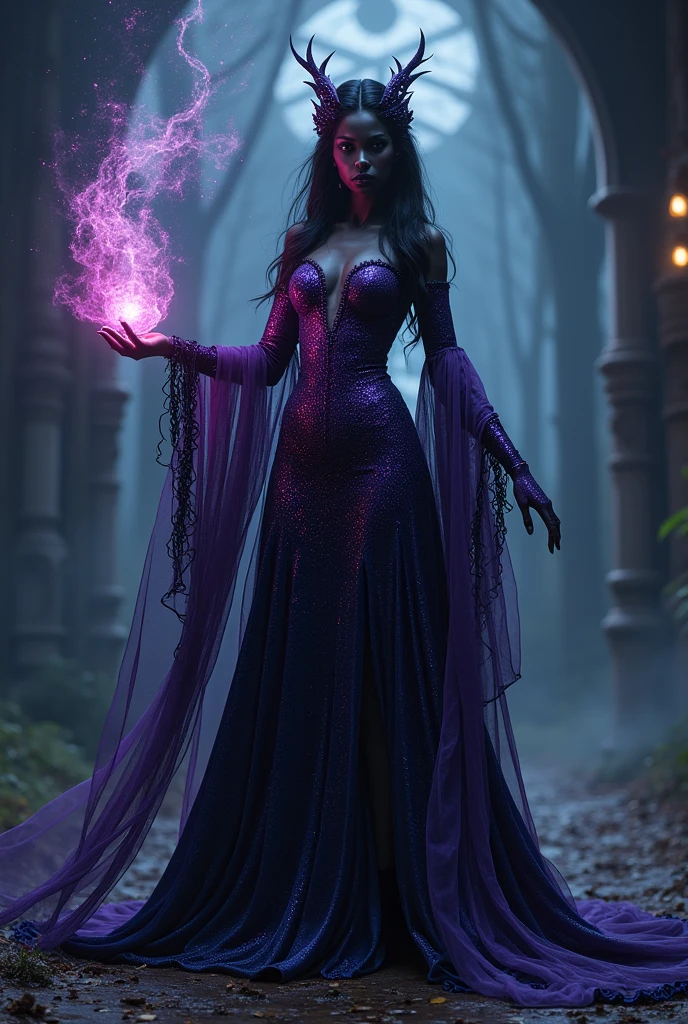 enchantress, skin black, purple and navy blue velvet shimmer dress, magic stick
