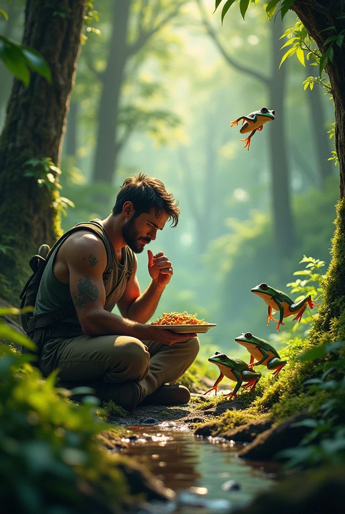 Man eating food in forest many frog right side . jumping frog