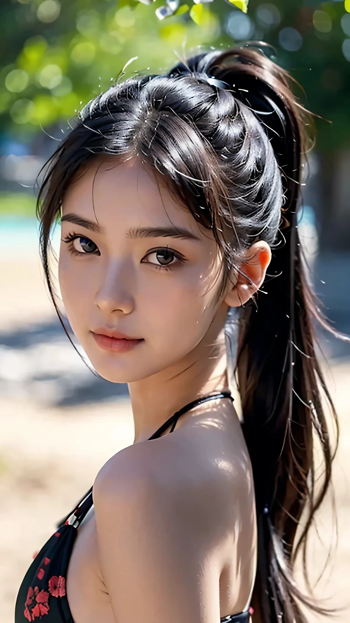 body shot,micro bikini,outdoor,beach,Body in front,masutepiece, The highest image quality, High quality, the background is clear,Beautiful woman, Japanese, Detailed, Ultra-detailed, finely detail, hight resolution, 8K Wallpaper, Perfect dynamic composition, Beautiful detailed eyes ,Detailed eyes, Detailed skin, Beautiful skin, 超hight resolution, (reality: 1.4),Very beautiful woman, Slightly younger face, Beautiful skin, slender, (Ultra photo realsisim), (hight resolution), (8K), (Very detailed) (beautifully detailed eyes), (super detailed), (Detailed face), view the viewer, Fine details, Detailed face, Staring straight ahead, Staring straight ahead, photos realistic, Bright lighting, Professional Lighting, Black hair,poneyTail,a baby face,,Hairstyle: ponytail,Long ponytail hairstyle,slight smile,