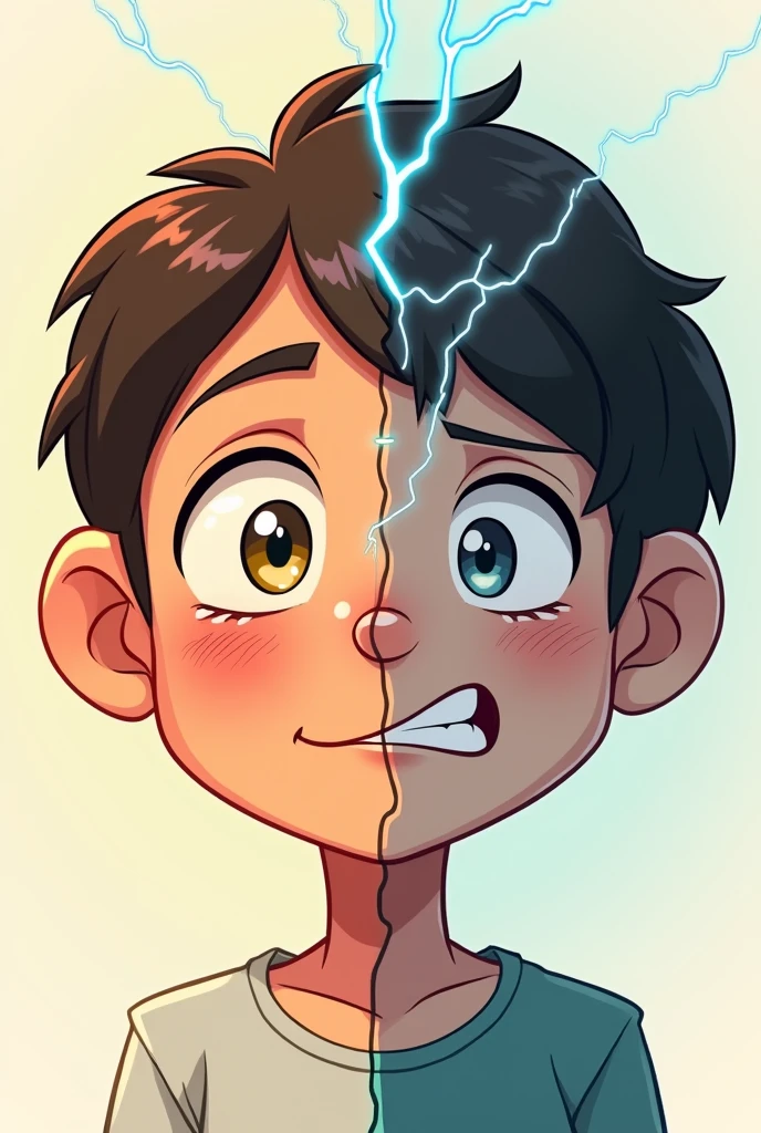 make a half half face the other half is happy and normal face and the other half face is not happy it look tired or kinda sad and the face is electrocuted make the picture more look like cartoon but easy cartoon only