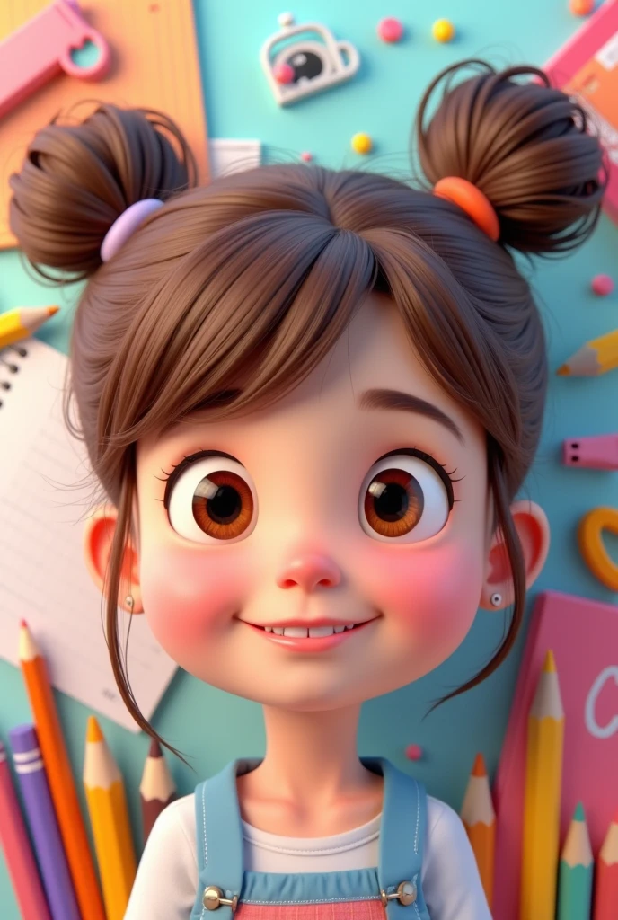 I want a cute looking 3D animated girl&#39;s face with school stuff in the background to use as a badge background with spaces to put letters