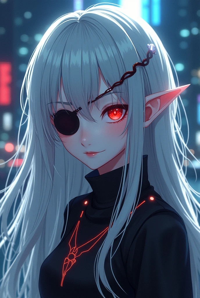 1girl, (solo), anime girl with long white hair and red eyes, girl with white hair, girl in white turtleneck, ((eyepatch)), pointed ears, ((vampire)), smirk, smug, closed mouth, cowboy shot, perfect white haired girl, white haired deity, digital cyberpunk anime art, turtleneck, lens flare, ((dramatic lighting)), soft glowing red eyes, extremely detailed, masterpiece, looking at viewer, city in background, (night)