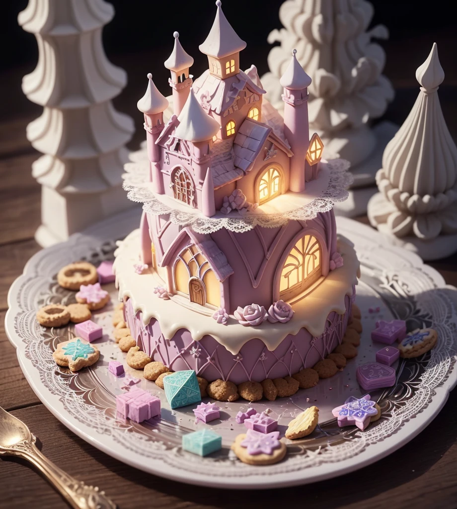 Create gorgeous handmade cookies that fit together like a puzzle in the forest Candy Castle Fairy World chocolate The light shines through Delicate lace and ribbon Light color gem lame Photon Mapping High Contrast Diamond particles