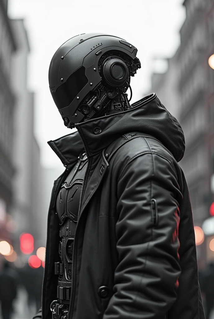 Dark_Fantasy,Cyberpunk, (Best quality, Masterpiece),white,1man,Mechanical marvel,Robotic presence,Cybernetic guardian,wearing a cybernetic jacket,city, highest quality digital art, Stunning art, wallpaper 4k, highly detailed, military robot,army, warzone,black and white, highest quality digital art, Stunning art, wallpaper 4k,8k,64k, HD, unparalleled masterpiece, dynamic lighting, cinematic, epic, damaged mechanical parts