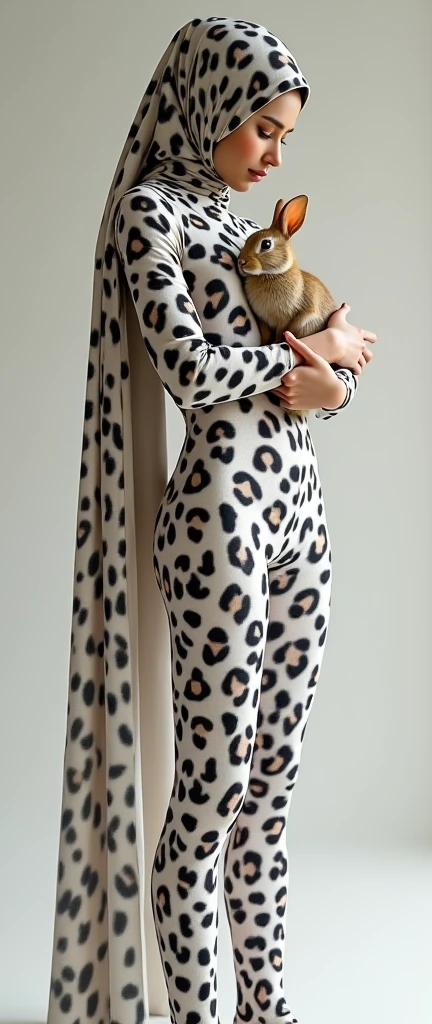 the beautiful,slender thin and prettiest Malaysian muslimah adult girl with beautiful cheeks wears white colour leopard print lycra turtleneck unitard catsuit covered with black seamless spots and always wear white leopard colour print lycra elastane stretchy dance wear hijab covered with white leopard seamless spots.She is hugging her pet rabbit.
