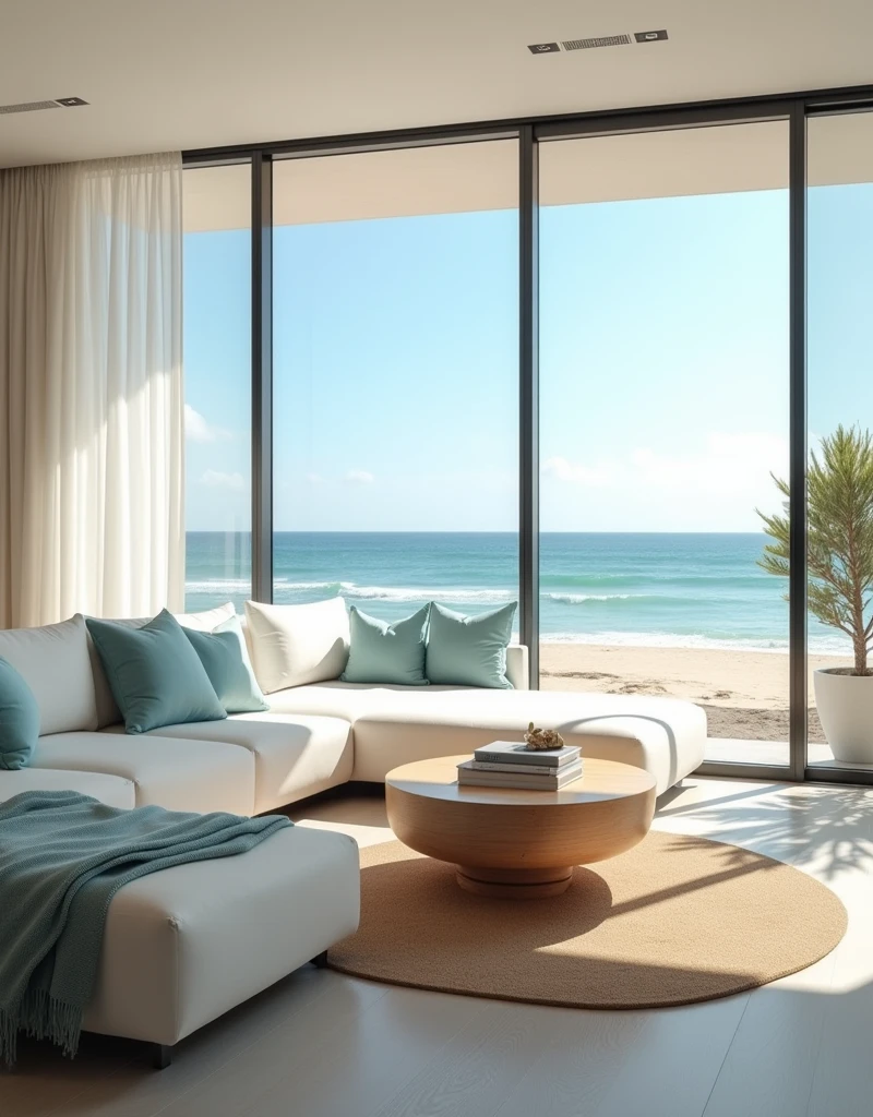 A photograph of a modern luxury living room in a beachside house, featuring large floor-to-ceiling windows overlooking the ocean. The room is decorated with a white sectional sofa, natural wood coffee table, and light blue accent pillows. Sunlight floods the space, creating a bright and airy atmosphere. The background includes a view of the beach, with waves gently lapping at the shore. hd quality, natural light, coastal design, soft colors, serene and relaxed vibe, wide-angle lens, clean lines, --ar 16:9 --v 6.0