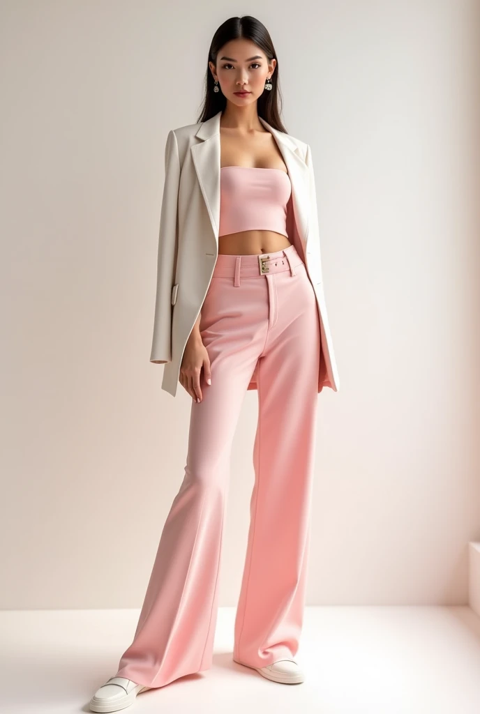 Make a woman wearing a light pink tube top with light pink trousers and hips length white blazer  and white shoes