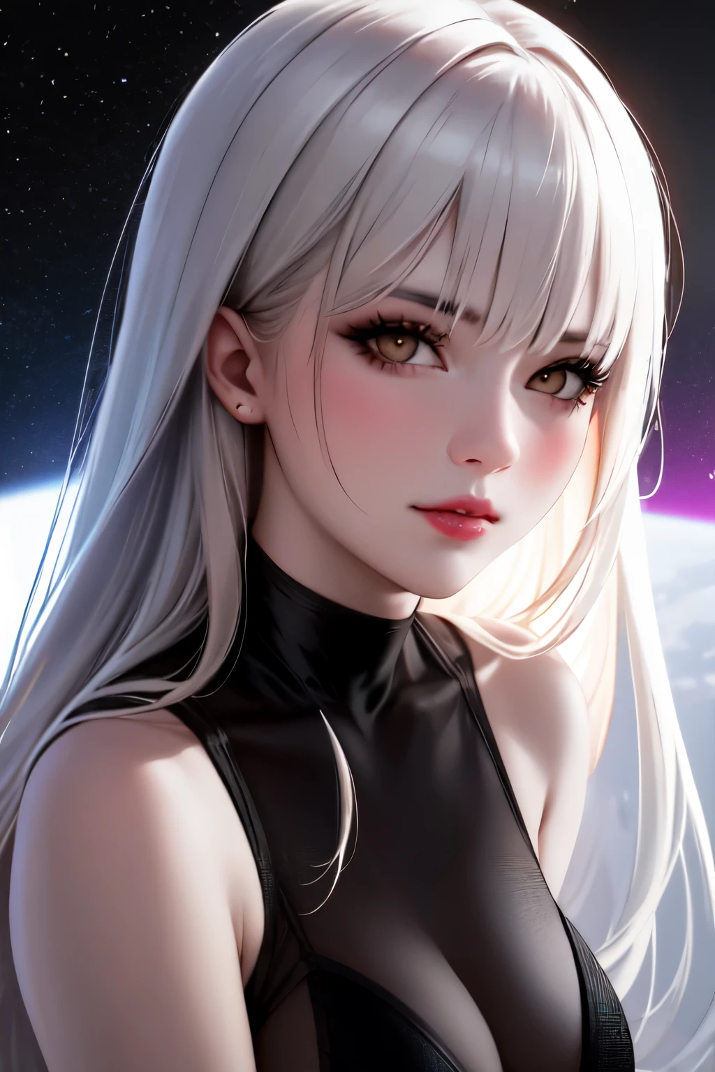 One person, Beautiful Face, ((White eyes)), Sexy pose, Red moon in the background, performer, space, (Lightroom:1.13), Soft Light, (Natural skin texture:1.2), (Hyperrealism:1.2), Sharp focus, Concentrated,[[Realistic]]
