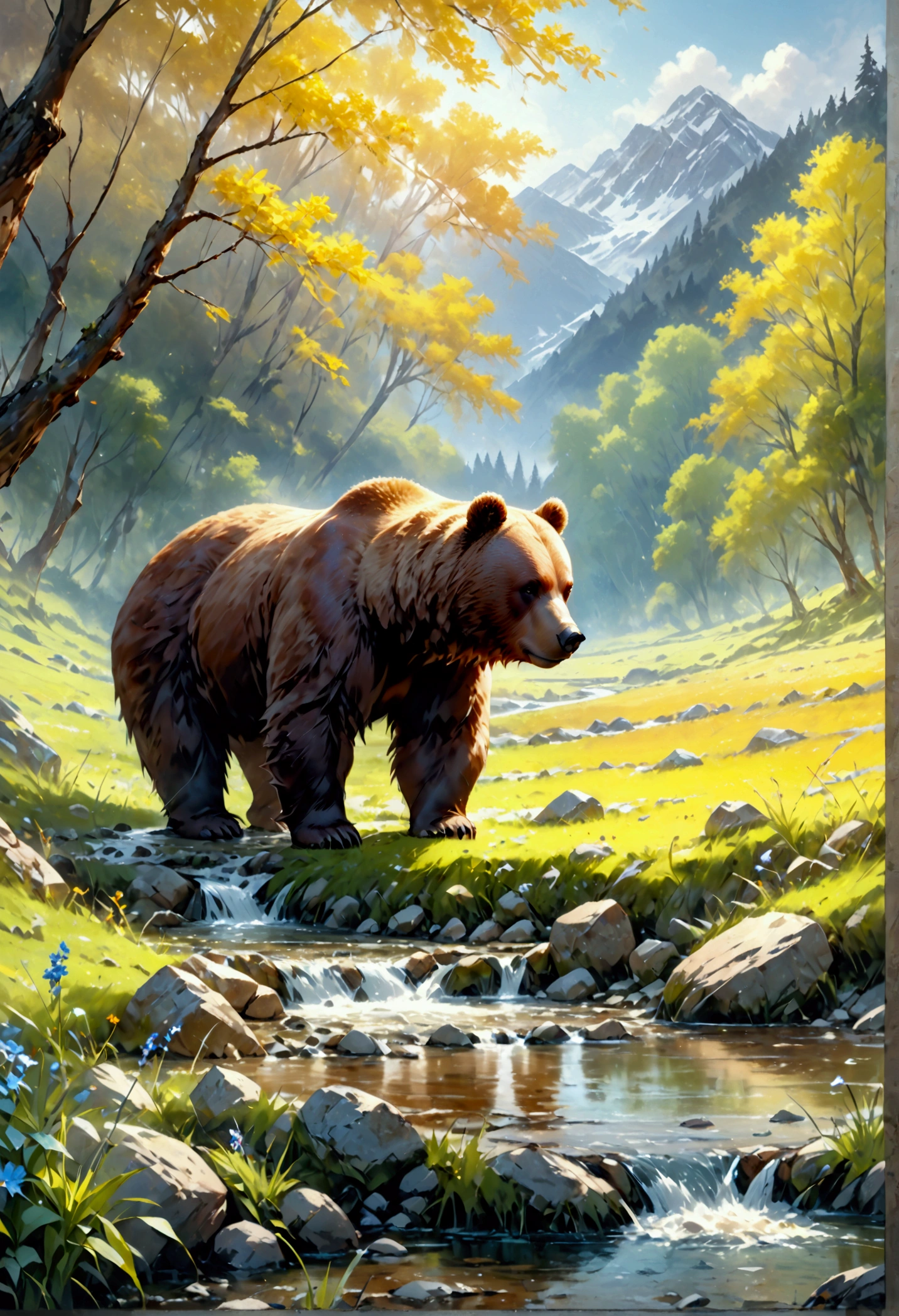 Arafed, an oil painting of a brown bear grazing in the meadows near a stream of water, wide shot, High Detail, Ultra High Quality, High Resolution, 16K Resolution, Ultra HD Pictures, Ultra Realistic, Clear Details, Realistic Detail, Ultra High Definition, oil pastel