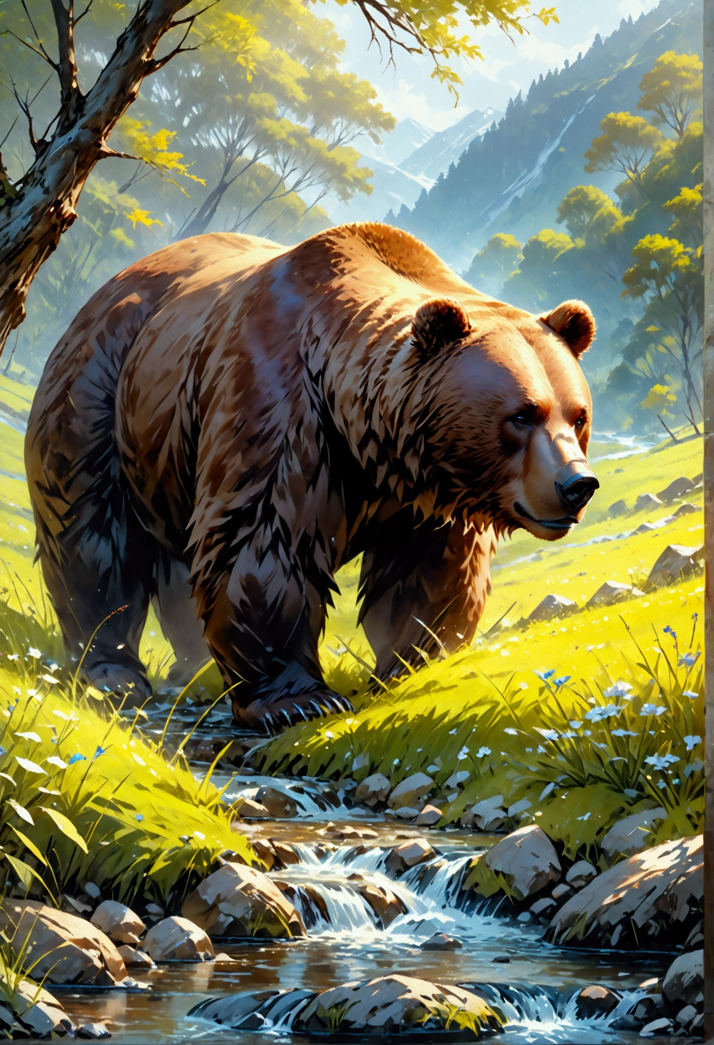 Arafed, an oil painting of a brown bear grazing in the meadows near a stream of water, wide shot, High Detail, Ultra High Quality, High Resolution, 16K Resolution, Ultra HD Pictures, Ultra Realistic, Clear Details, Realistic Detail, Ultra High Definition, oil pastel