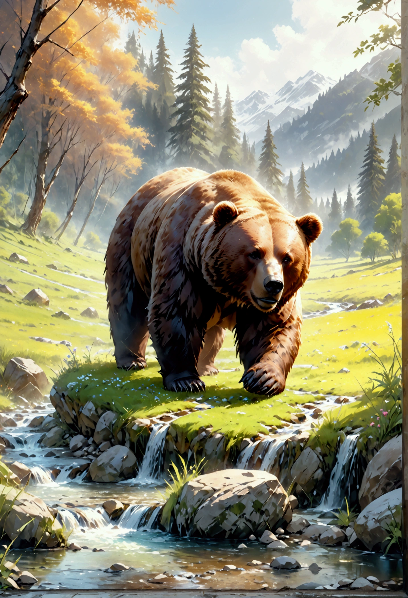 Arafed, an oil painting of a brown bear grazing in the meadows near a stream of water, wide shot, High Detail, Ultra High Quality, High Resolution, 16K Resolution, Ultra HD Pictures, Ultra Realistic, Clear Details, Realistic Detail, Ultra High Definition, oil pastel