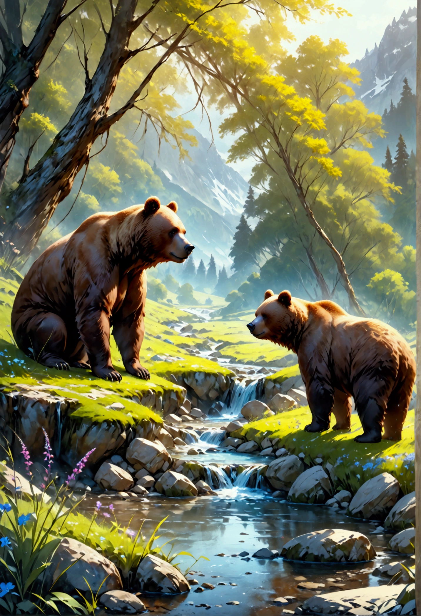 Arafed, an oil painting of a brown bear grazing in the meadows near a stream of water, wide shot, High Detail, Ultra High Quality, High Resolution, 16K Resolution, Ultra HD Pictures, Ultra Realistic, Clear Details, Realistic Detail, Ultra High Definition, oil pastel