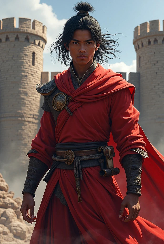 A young black-skinned male warrior, black haired wearing a red outfit, the image of a castle wall in the background