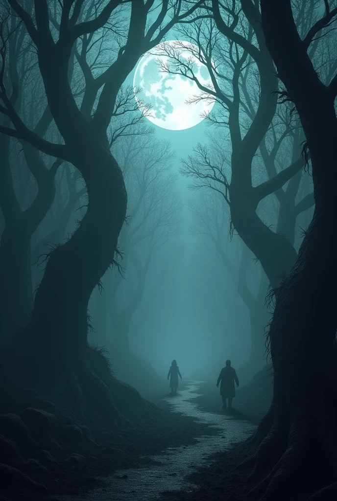 A dense forest under the moonlight, where the trees seem to have hidden faces that whisper in an incomprehensible language. The atmosphere is oppressive, with thick fog hiding shadowy figures among the trees and a path that disappears into the darkness.
