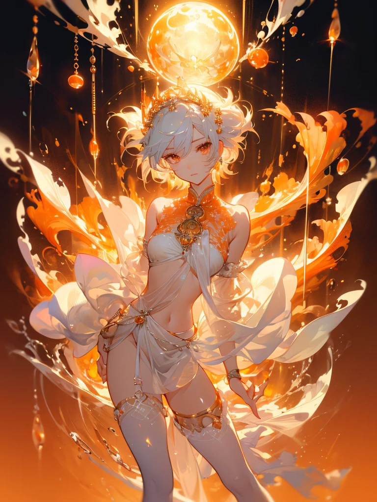 ((masterpiece, best quality)), Delicate face,goddess,cloud顶天宫,cloud,whole body,Long legs,Perfect body proportions,Short hair handsome,Beautiful orange eyes,Fantasy style,Extremely beautiful,Pure white background,transparent,sexly,Fishnet stockings,chain