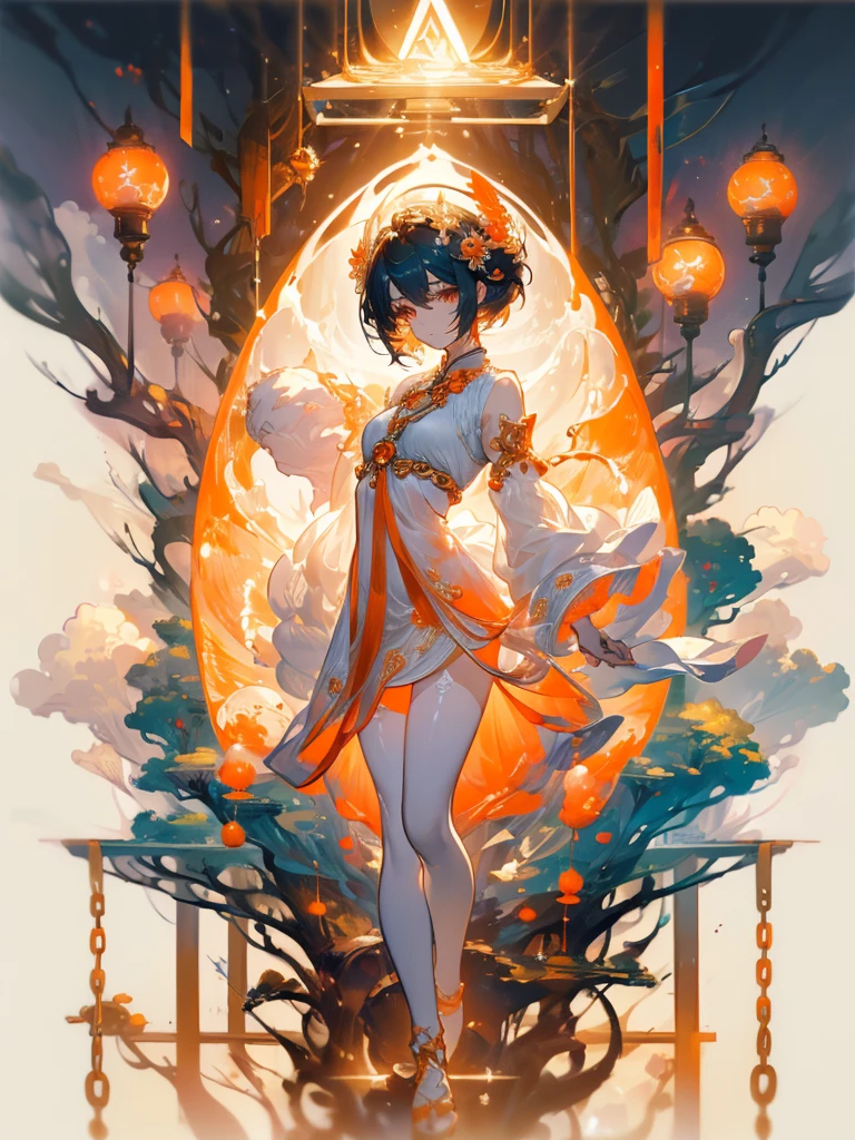 ((masterpiece, best quality)), Delicate face,goddess,cloud顶天宫,cloud,whole body,Long legs,Perfect body proportions,Short hair handsome,Beautiful orange eyes,Fantasy style,Extremely beautiful,Pure white background,transparent,ly,Fishnet stockings,chain