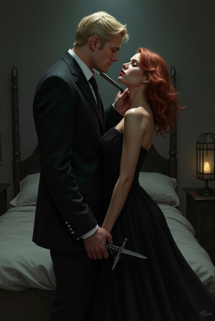 In a dark bedroom, A tall muscular man with dark blonde hair in a black suit dangerously leaning over a strawberry blonde hair girl with red lips and wear long black gown and hide knives on her mid thigh. The man held a knife at her throat. Both are standing.