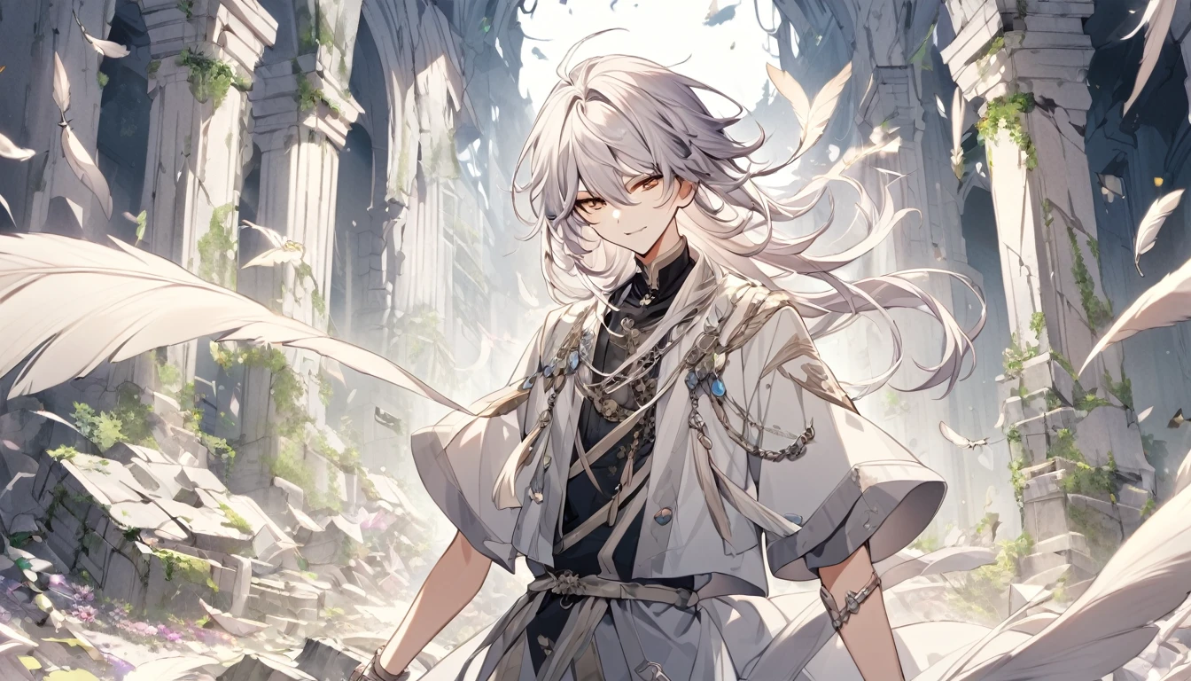 Silver-haired young man　neutral　A lot of gems　accessories　Light national costume　Feathers fluttering　pastel colour　Nostalgic　ruins