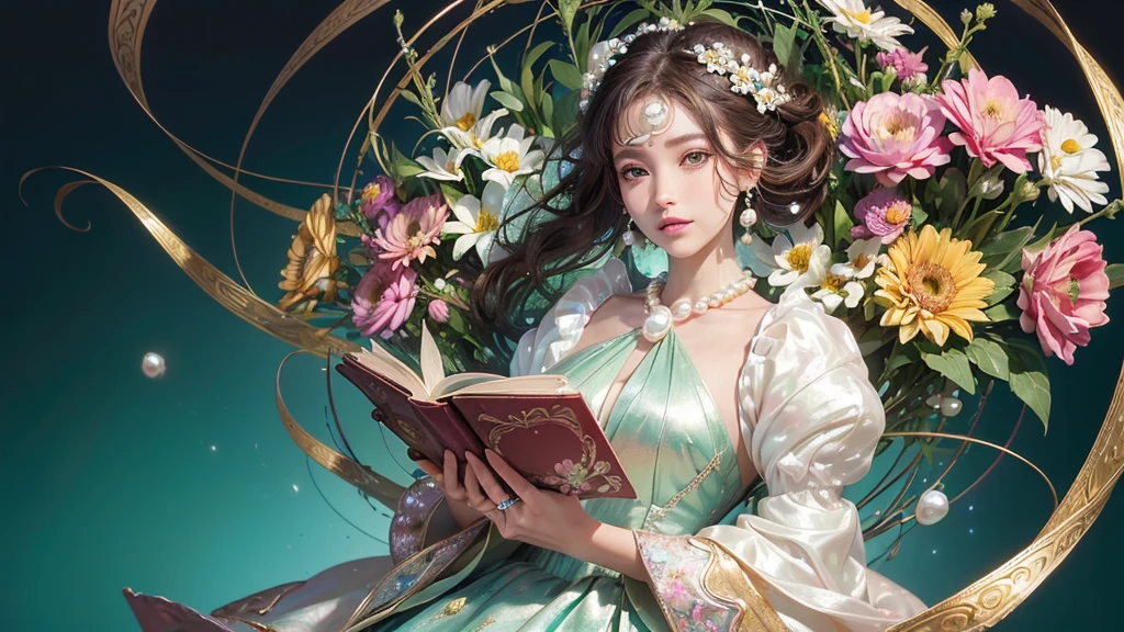 32K, 最高quality, 最高masterpiece, (ultra-Detailed Background, Detailed Background), High resolution, Super detailed, Very detailedな, 1 personの, (bouquet:1.3), (Tangled:1.2), (Geometric:1.2),(colorful),(masterpiece, quality, best quality, Official Art, Beautiful and beautiful:1.2), (1 person:1.3), Very detailed,(colorful:1.1)(Flowers:1.3),Most detailed,(Tangled:1.2), whole body, (Abstract background:1.3), (Skin glows), (Many colors:1.4), ,(Earrings Pearl:1.5), Light green background, It's imaginative., Brunette Hair, Updo, Holding a book, Holding a pen, Satin shirt