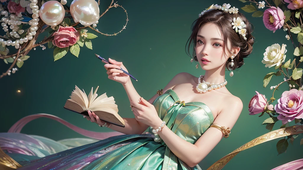 32K, 最高quality, 最高masterpiece, (ultra-Detailed Background, Detailed Background), High resolution, Super detailed, Very detailedな, 1 personの, (bouquet:1.3), (Tangled:1.2), (Geometric:1.2),(colorful),(masterpiece, quality, best quality, Official Art, Beautiful and beautiful:1.2), (1 person:1.3), Very detailed,(colorful:1.1)(Flowers:1.3),Most detailed,(Tangled:1.2), whole body, (Abstract background:1.3), (Skin glows), (Many colors:1.4), ,(Earrings Pearl:1.5), Light green background, It's imaginative., Brunette Hair, Updo, Holding a book, Holding a pen, Satin shirt