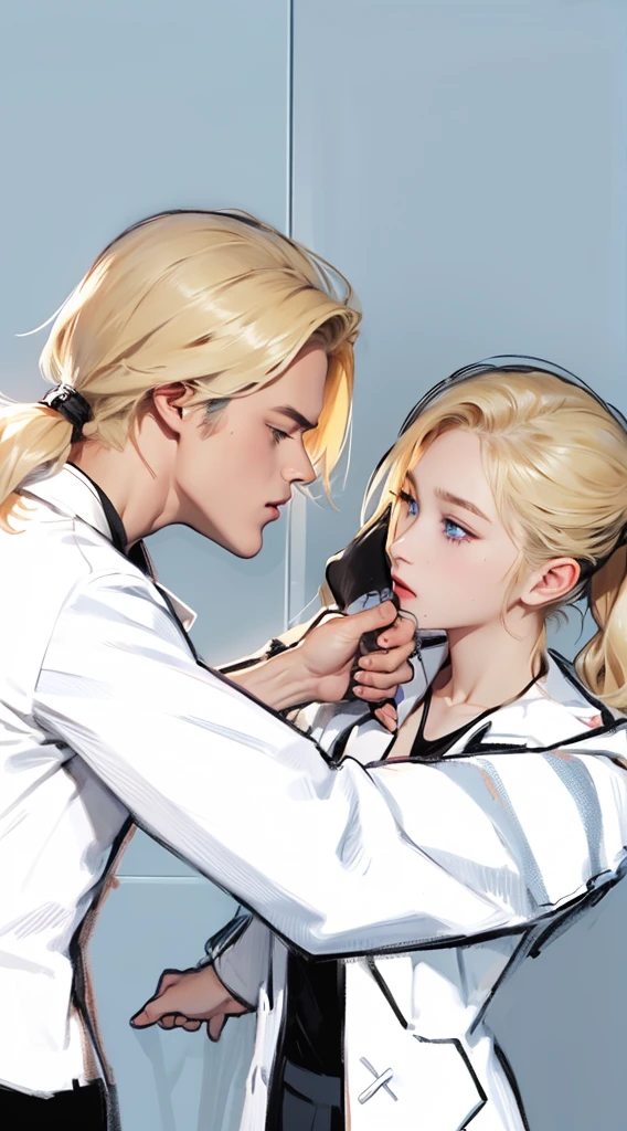 Upper Body，（一个帅气的blond欧美男子壁咚一个20岁的欧美女模特），blond，Ponytail，A boy，A girl，Boys wearing white shirts，Black suit pants，Girl wearing white coat，Black dress，（Blue Eyes：1.2），muscular，Caucasian ethnicity，Atmosphere，High Detail，Standing，The background is the laboratory