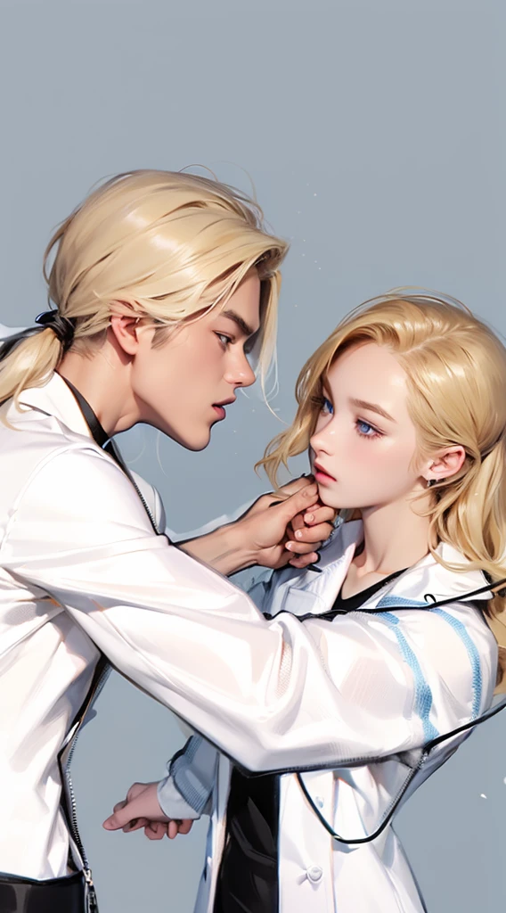 Upper Body，（一个帅气的blond欧美男子壁咚一个20岁的欧美女模特），blond，Ponytail，A boy，A girl，Boys wearing white shirts，Black suit pants，Girl wearing white coat，Black dress，（Blue Eyes：1.2），muscular，Caucasian ethnicity，Atmosphere，High Detail，Standing，The background is the laboratory