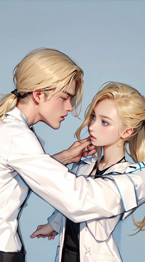 Upper Body,(一个帅气的blond欧美男子壁咚一个20岁的欧美女模特),blond,Ponytail,A boy,A girl,Boys wearing white shirts,Black suit pants,Girl wearing white coat,Black dress,(Blue Eyes:1.2),muscular,Caucasian ethnicity,Atmosphere,High Detail,Standing,The background is the laboratory