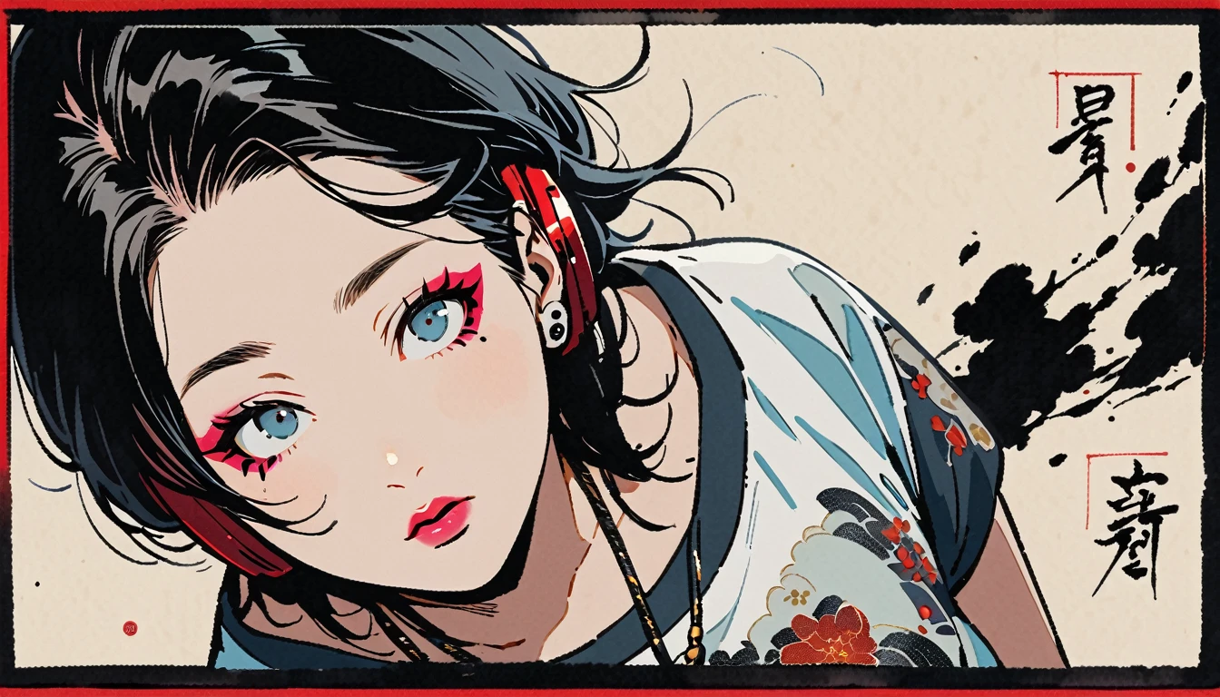 (((Ink Painting))), (((from above))), (((1 female))), (((Japanese pattern T-shirt))), (((punk))), (((Very flashy makeup))), Necklace with studs, Japanese style headphones, face close-up, front view, Japan人の美少女, Black Hair, Delicate and precise, Modern ukiyo-e style,Japan, Droopy eyes, round face, Glare, Fuller lips, vivid color