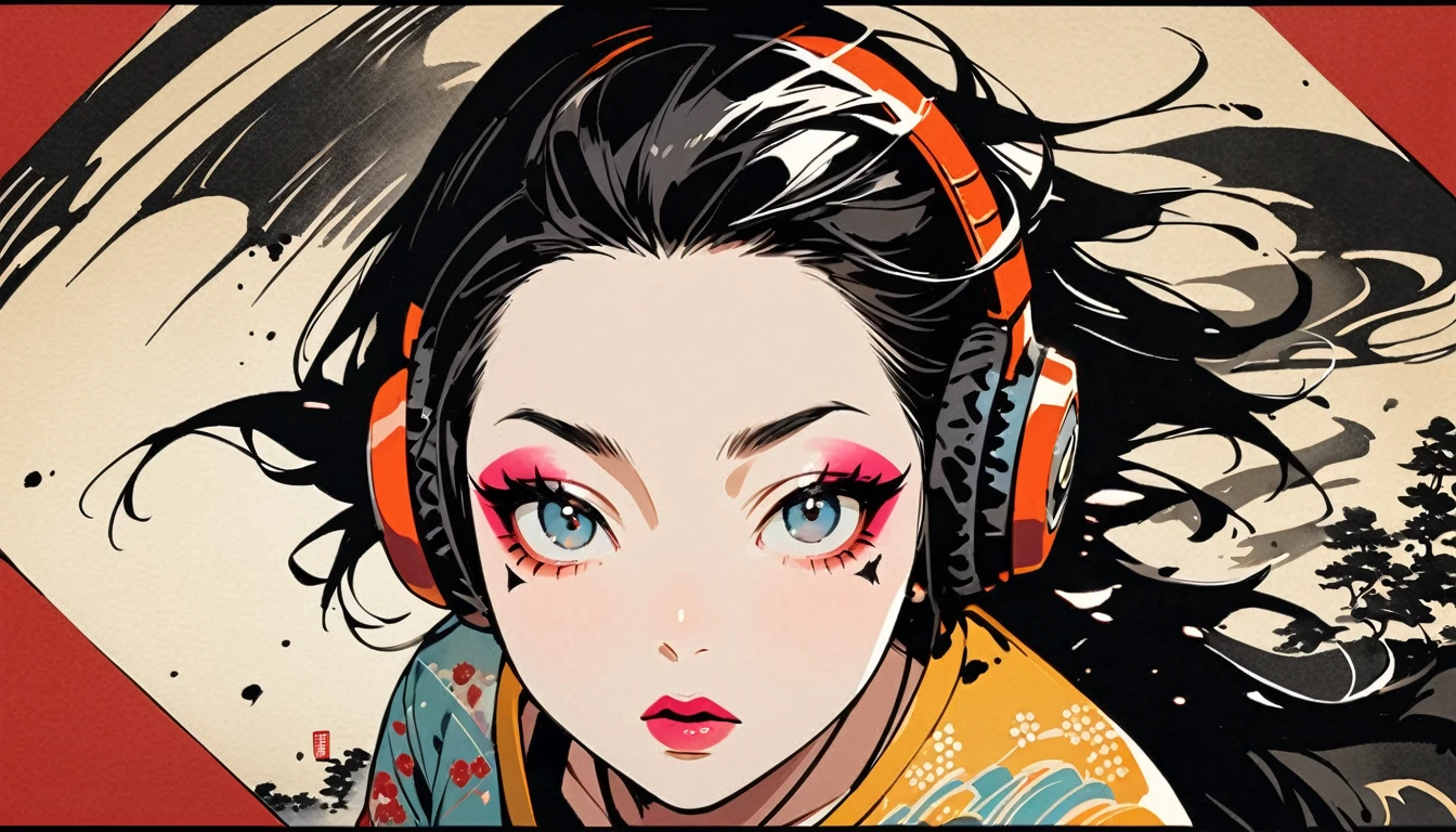 (((Ink Painting))), (((from above))), (((1 female))), (((Japanese pattern T-shirt))), (((punk))), (((Very flashy makeup))), Necklace with studs, Japanese style headphones, face close-up, front view, Japan人の美少女, Black Hair, Delicate and precise, Modern ukiyo-e style,Japan, Droopy eyes, round face, Glare, Fuller lips, vivid color