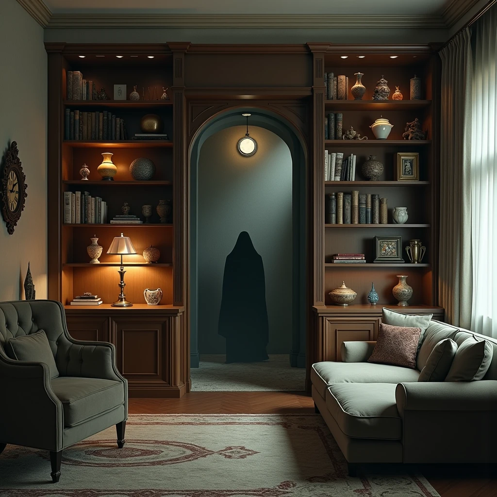 A bookcase in a modern living room reveals a secret door when moved. Behind the door, A room full of surreal objects and vintage decorations creates a feeling of unease. A dark shadow seems to move between the objects, creating an atmosphere of hidden horror