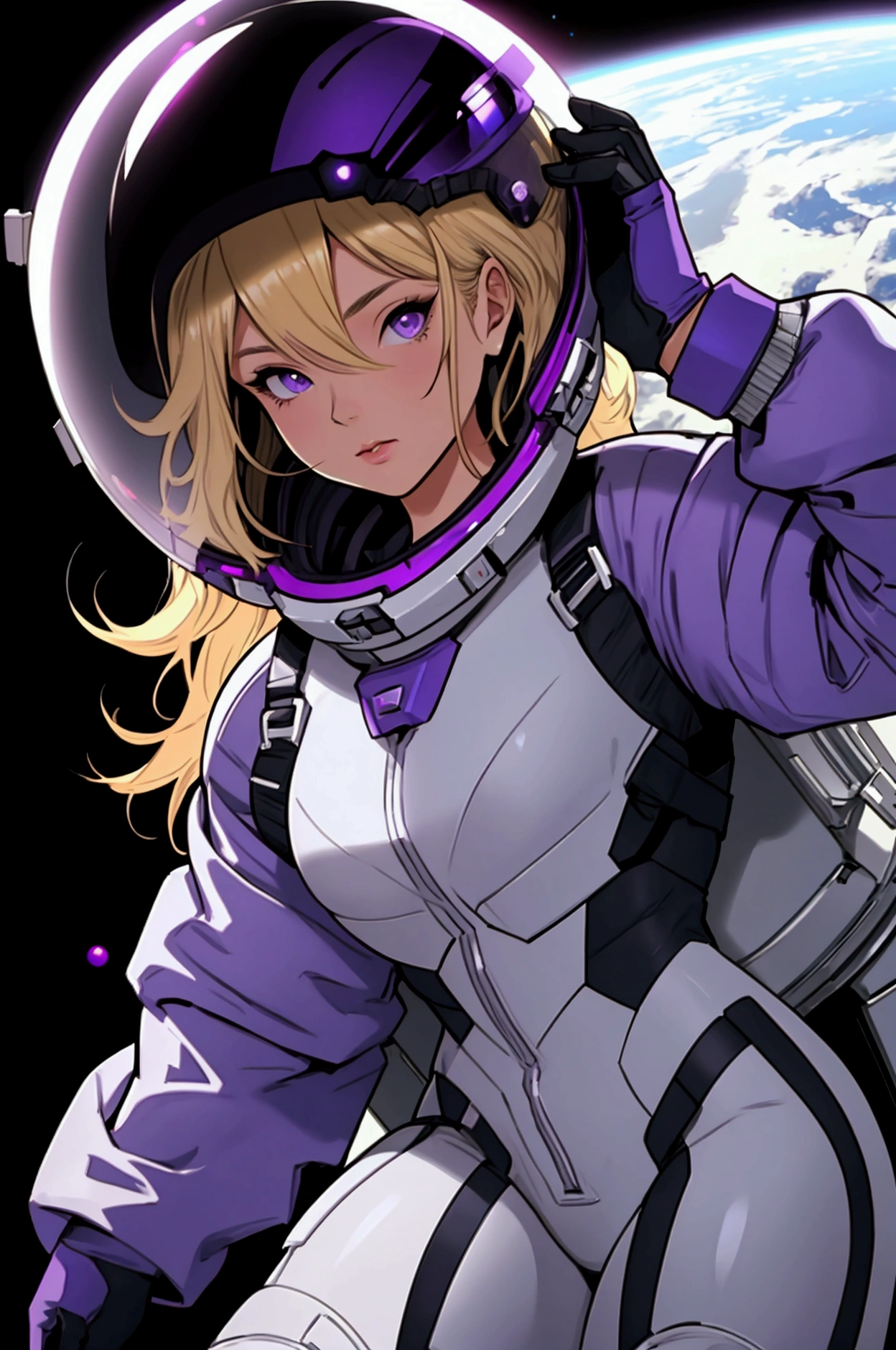 sp4c3w0m3n woman with blond hair, wearing a purple and black space suit and purple helmet pinup pose, on spacenave.