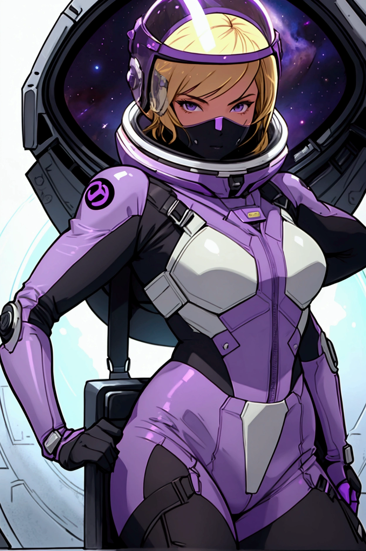 sp4c3w0m3n woman with blond hair, wearing a purple and black space suit and purple helmet pinup pose, on spacenave.