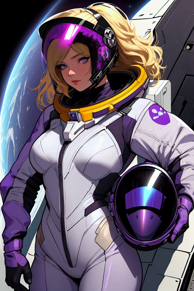 sp4c3w0m3n woman with blond hair, wearing a purple and black space suit and purple helmet pinup pose, on spacenave.