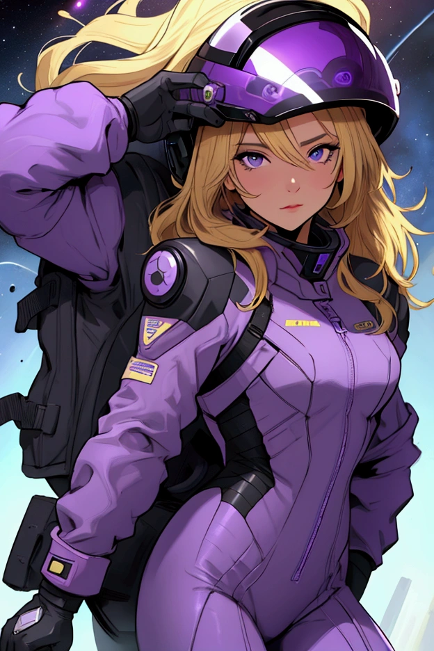 sp4c3w0m3n woman with blond hair, wearing a purple and black space suit and purple helmet pinup pose, on spacenave.