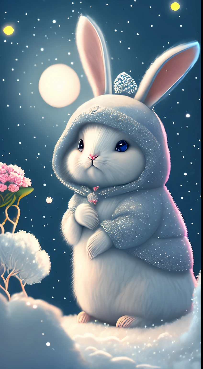 In this ultra-detailed CG art，a moon，during night，starrysky，Cute rabbit surrounded by roses，Best quality at best，A high resolution，Complicated details，fanciful，