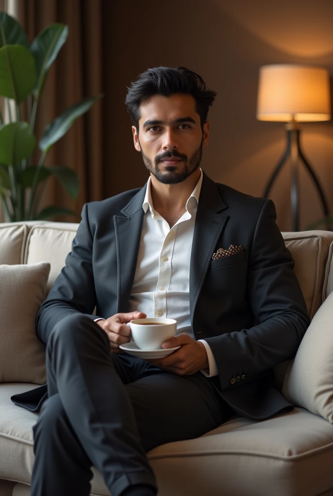 Wahaj ali Pakistani men sitting on the sofa and drinking coffee in looks he is handsome looking guy 